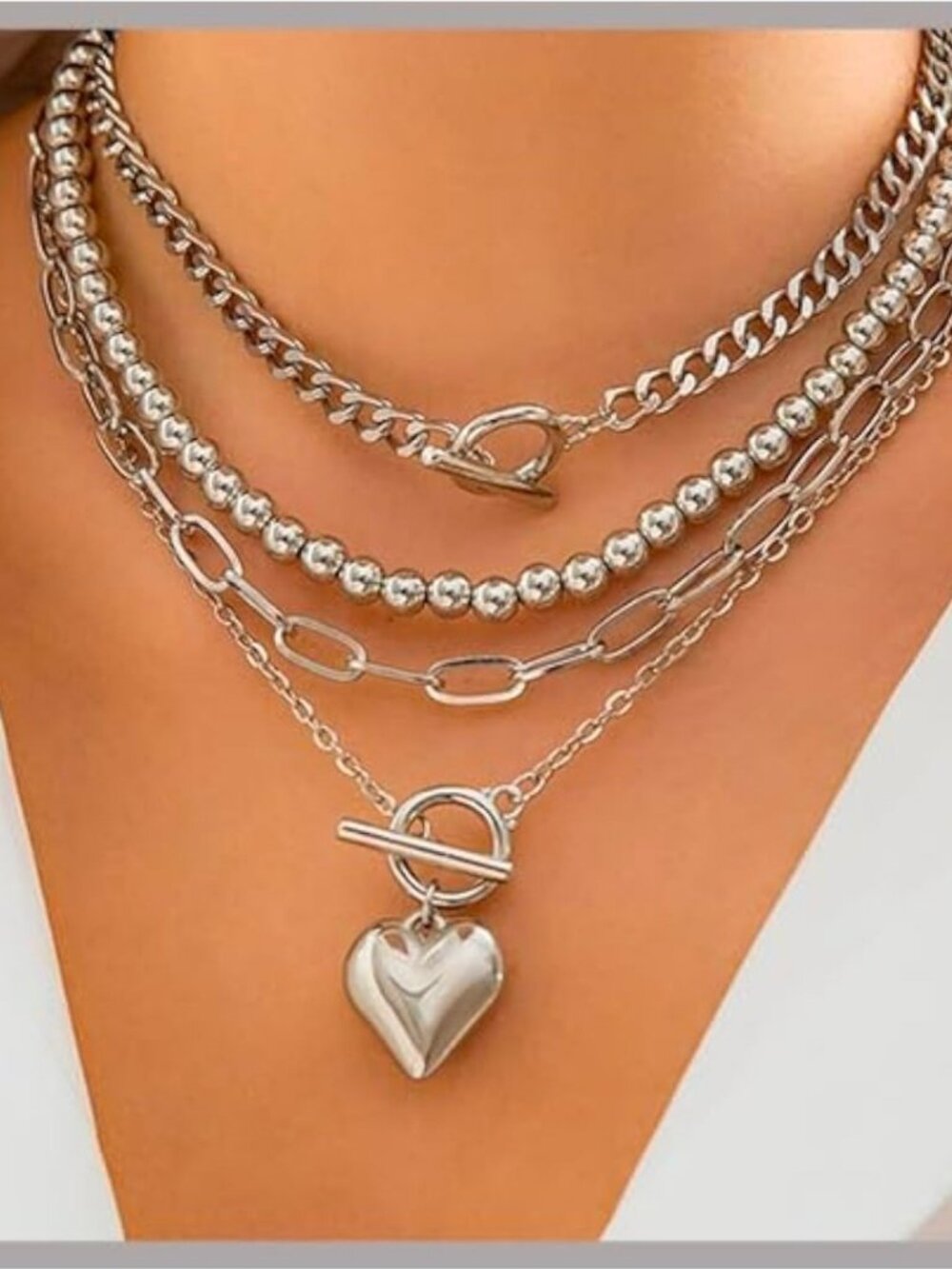 Heart Toggle Necklace Silver Tone Layered Chain Set with Heart Pendant
